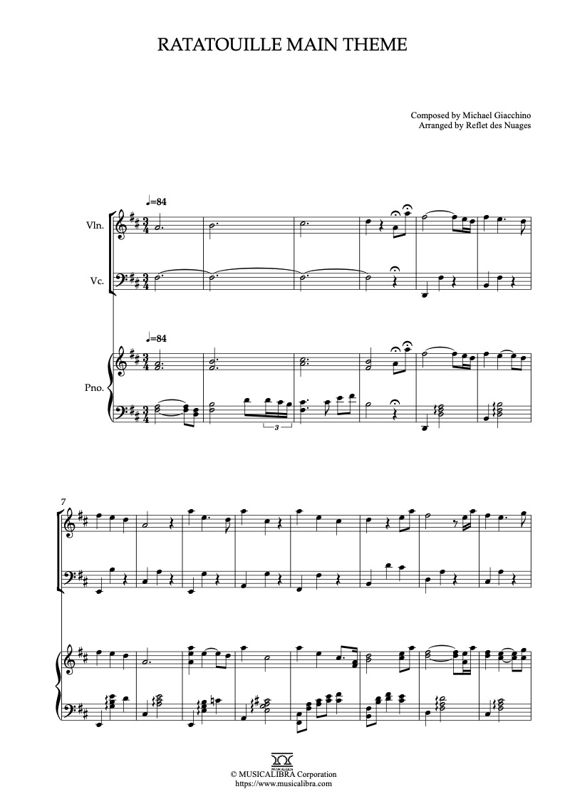 Partitura de Ratatouille Main Theme arreglada para trío de violín, violonchelo y piano