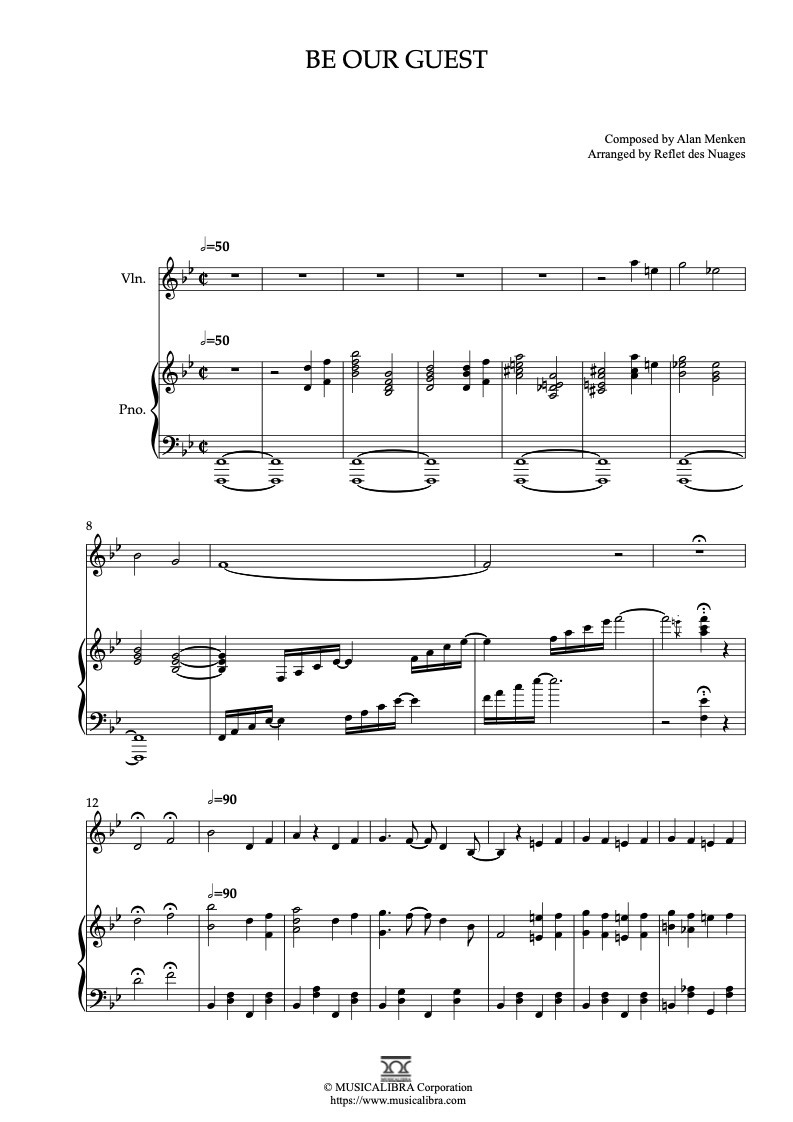 Sheet music of Beauty and the Beast Theme Be Our Guest arranged for violin and piano duet chamber ensemble preview page 1