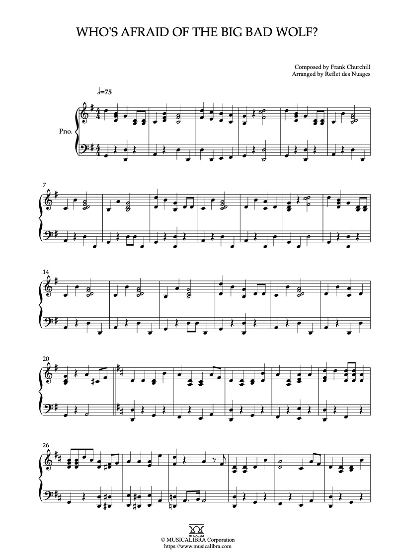 Partitura de Three Little Pigs Who’s Afraid of the Big Bad Wolf? arreglada para piano solo