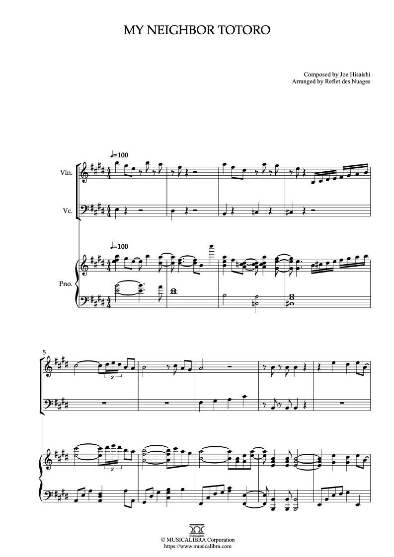 Sheet music of My Neighbor Totoro arranged for violin, cello and piano trio chamber ensemble preview page 1