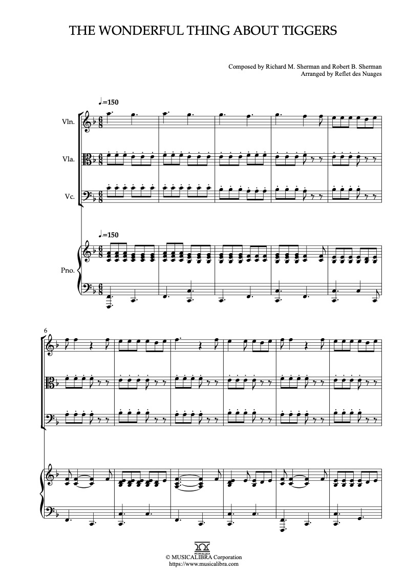 Partitura de Winnie the Pooh The Wonderful Thing About Tiggers arreglada para cuarteto de violín, viola, violonchelo y piano