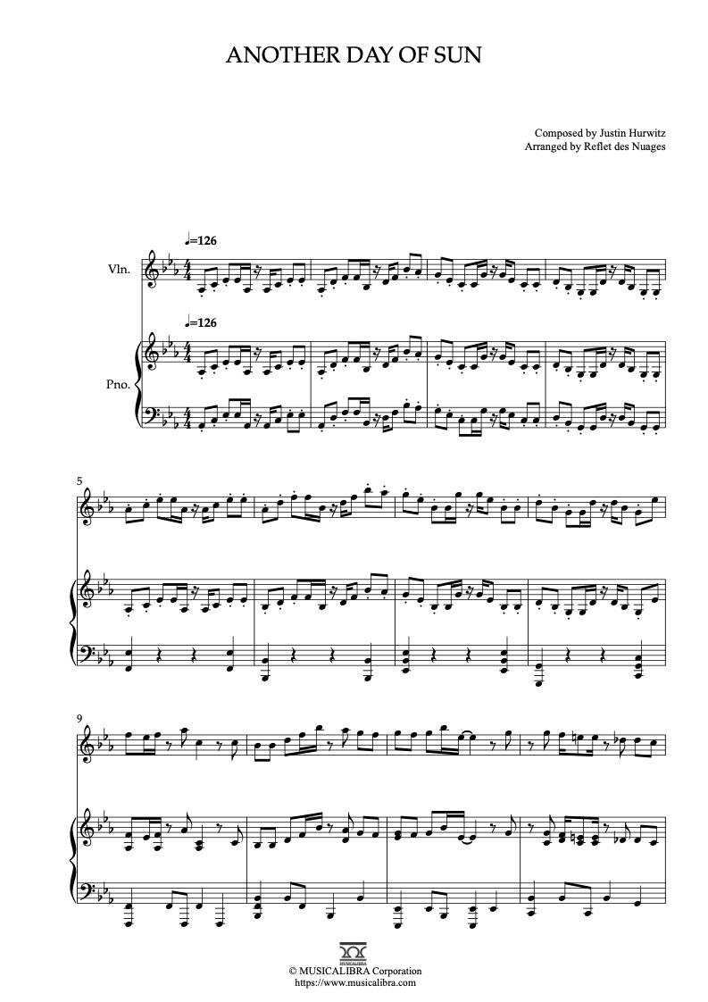 Partitura de La La Land Another Day of Sun arreglada para dueto de violín y piano