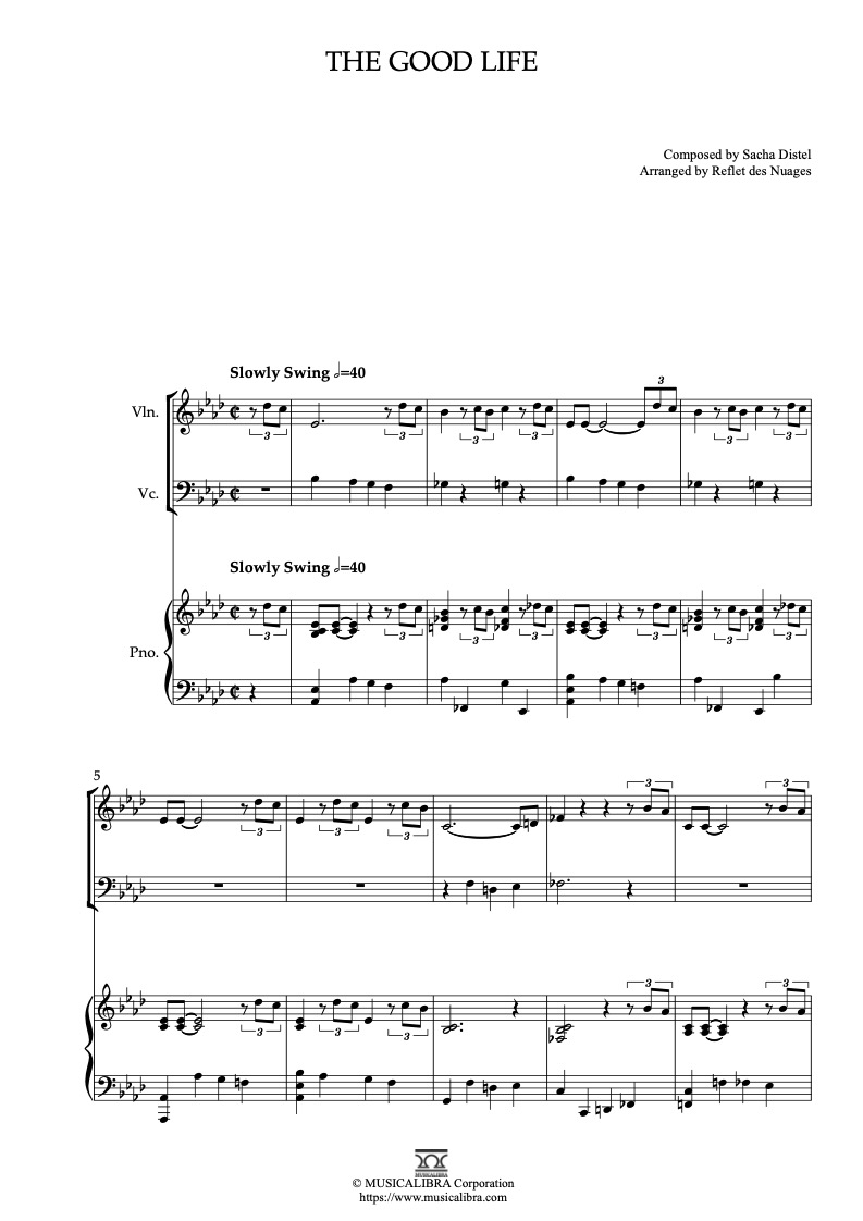 Partitura de Tony Bennett The Good Life arreglada para trío de violín, violonchelo y piano