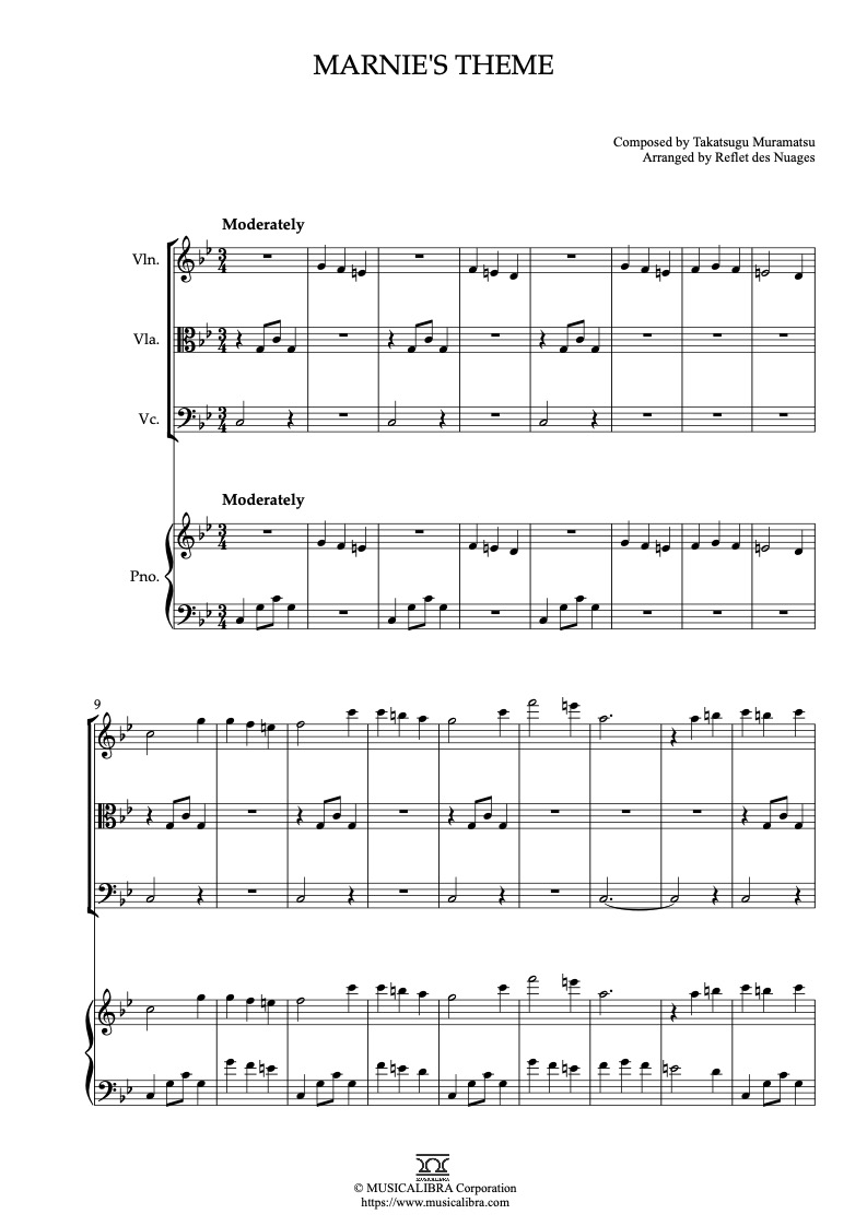 When Marnie Was There Marnie's Theme 四重奏 乐谱 - 小提琴, 中提琴, 大提琴, 钢琴
