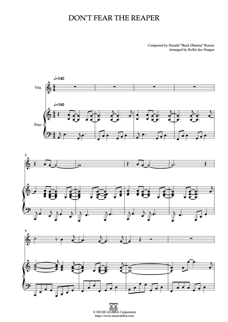 Partitura de Blue Öyster Cult Don't Fear the Reaper arreglada para dueto de violín y piano