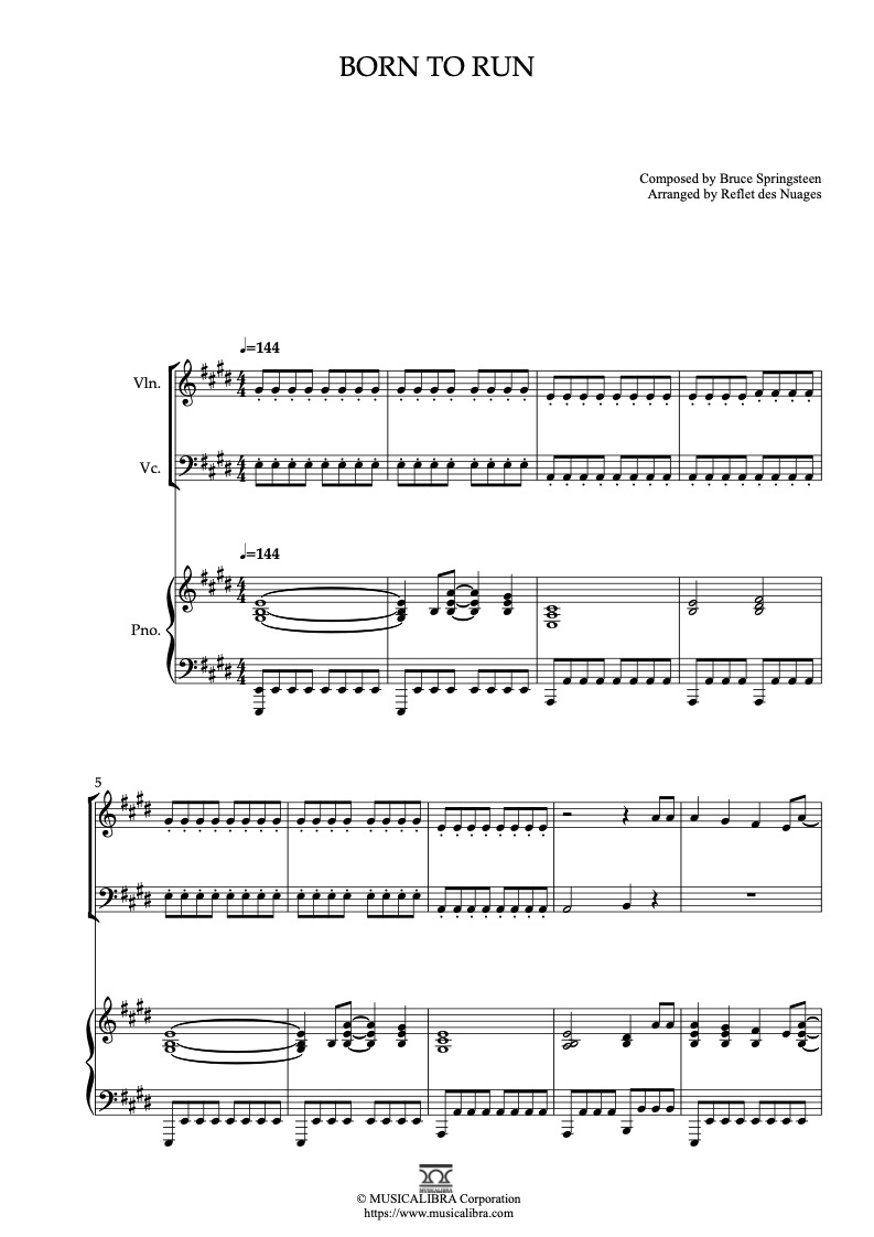 Partitura de Bruce Springsteen Born to Run arreglada para trío de violín, violonchelo y piano