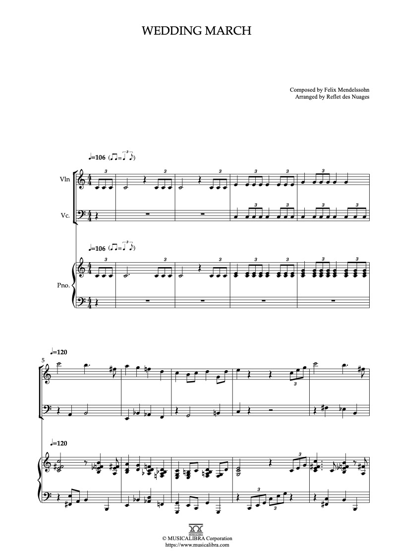 Mendelssohn Wedding March 三重奏 爵士 乐谱 - 小提琴, 大提琴, 钢琴