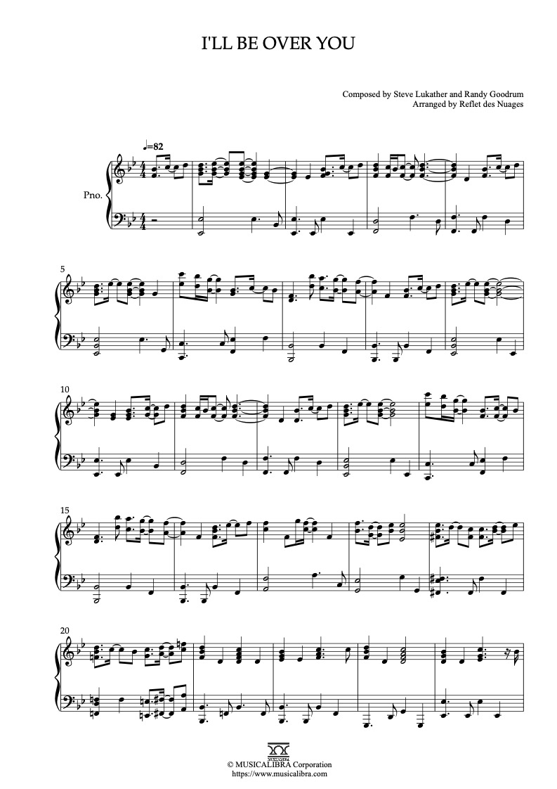 Sheet music of Toto I'll Be Over You arranged for piano solo preview page 1