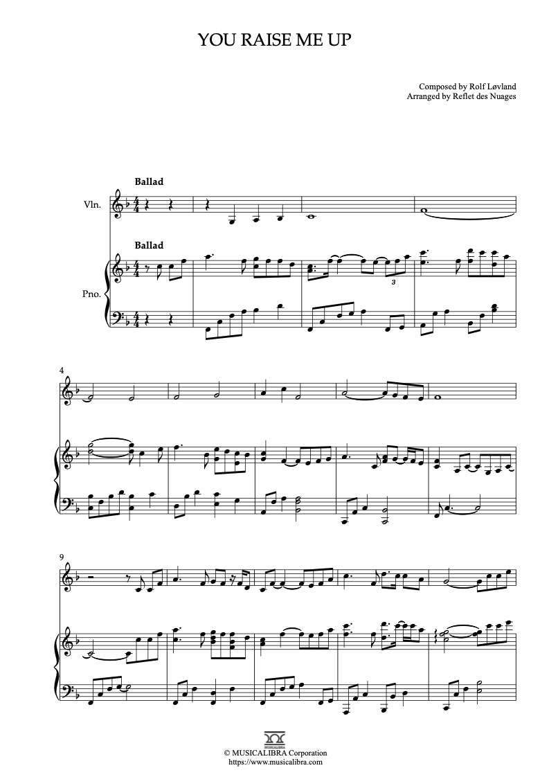You Raise Me Up 二重奏 樂譜 - 小提琴, 鋼琴