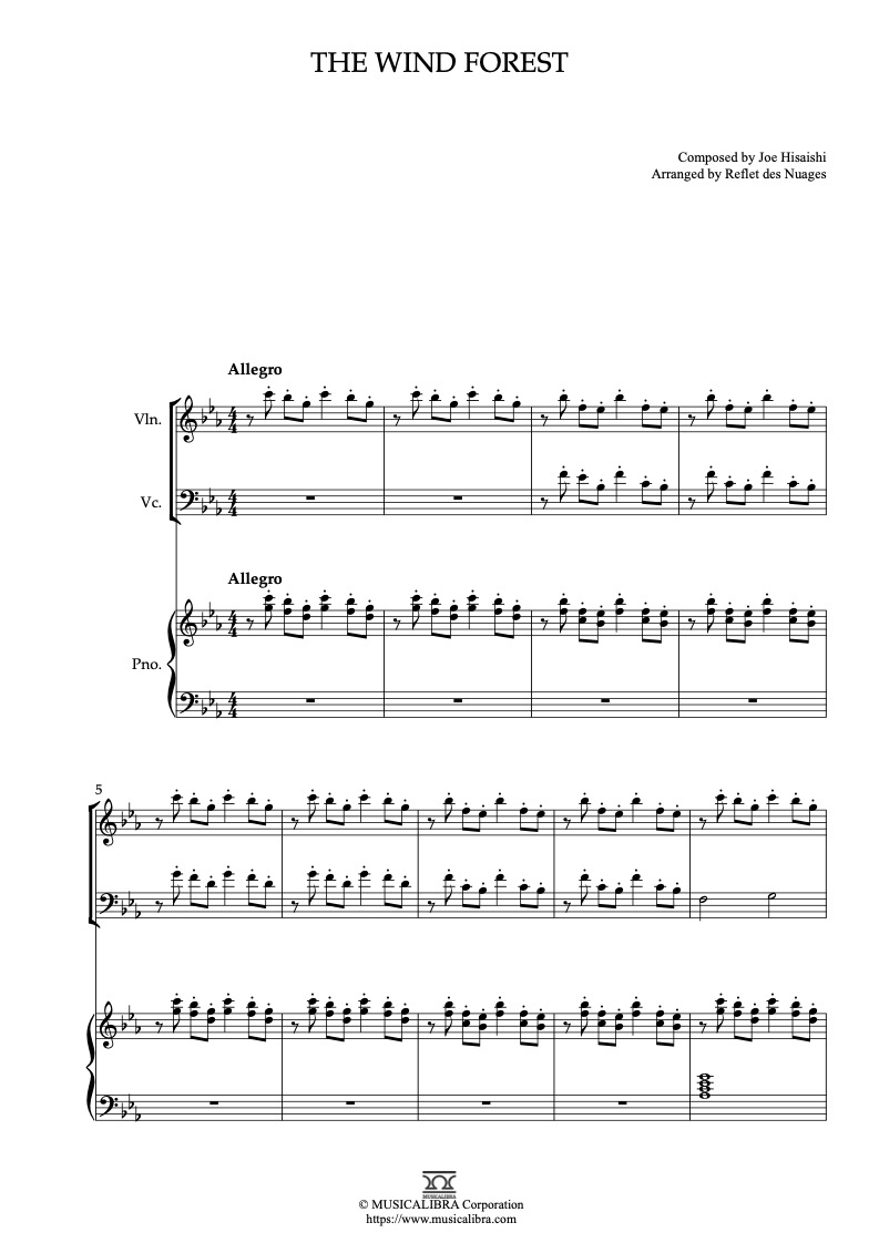 Sheet music of My Neighbor Totoro The Wind Forest arranged for violin, cello and piano trio chamber ensemble preview page 1