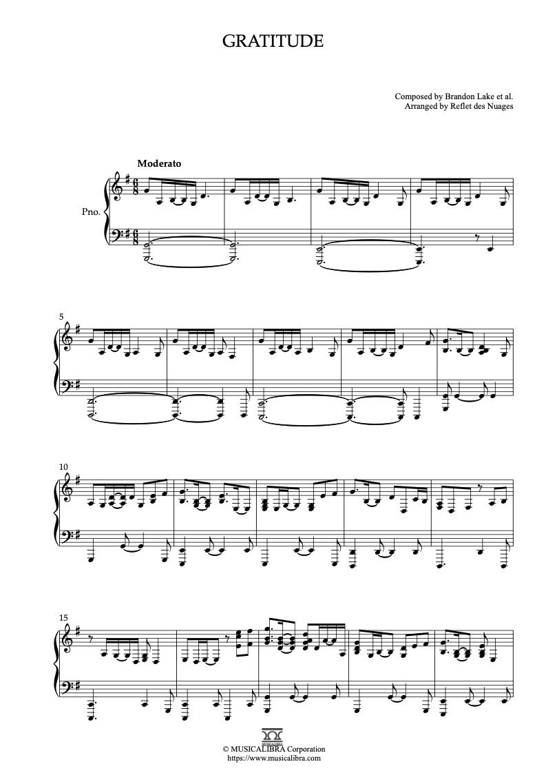 Partitura de Brandon Lake Gratitude arreglada para piano solo