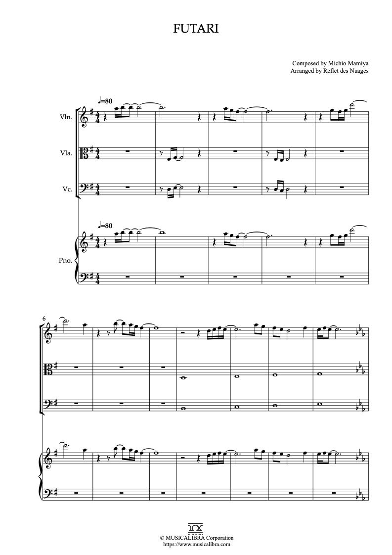 Sheet music of Grave of the Fireflies Futari arranged for violin, viola, cello and piano quartet chamber ensemble preview page 1