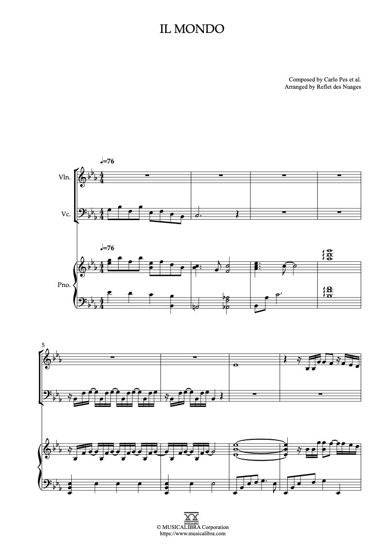 Partitura de Il Mondo arreglada para trío de violín, violonchelo y piano