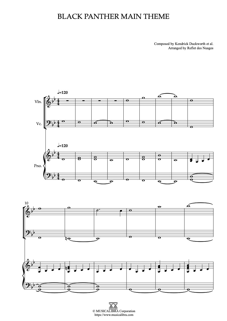 Partitura de Black Panther Main Theme arreglada para trío de violín, violonchelo y piano
