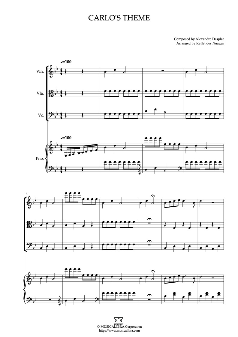 Guillermo del Toro's Pinocchio Carlo's Theme 四重奏 乐谱 - 小提琴, 中提琴, 大提琴, 钢琴