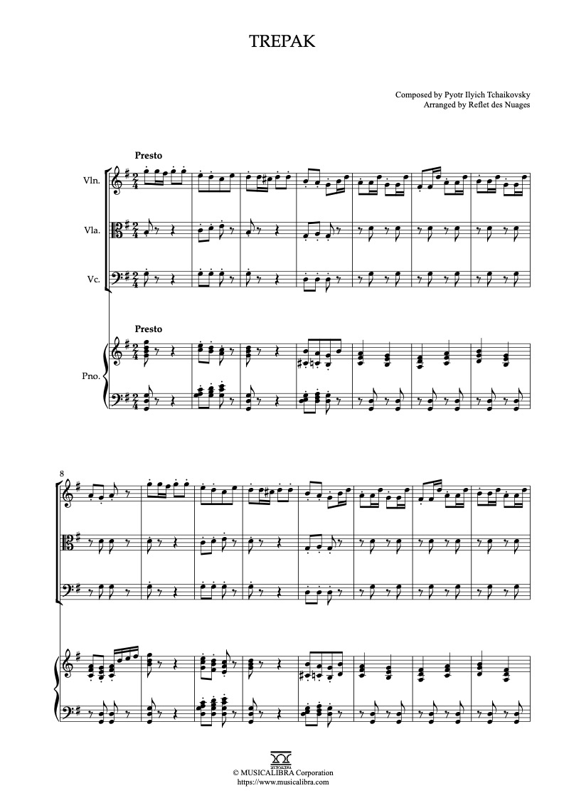 Sheet music of Trepak (The Nutcracker) arranged for violin, viola, cello and piano quartet chamber ensemble preview page 1