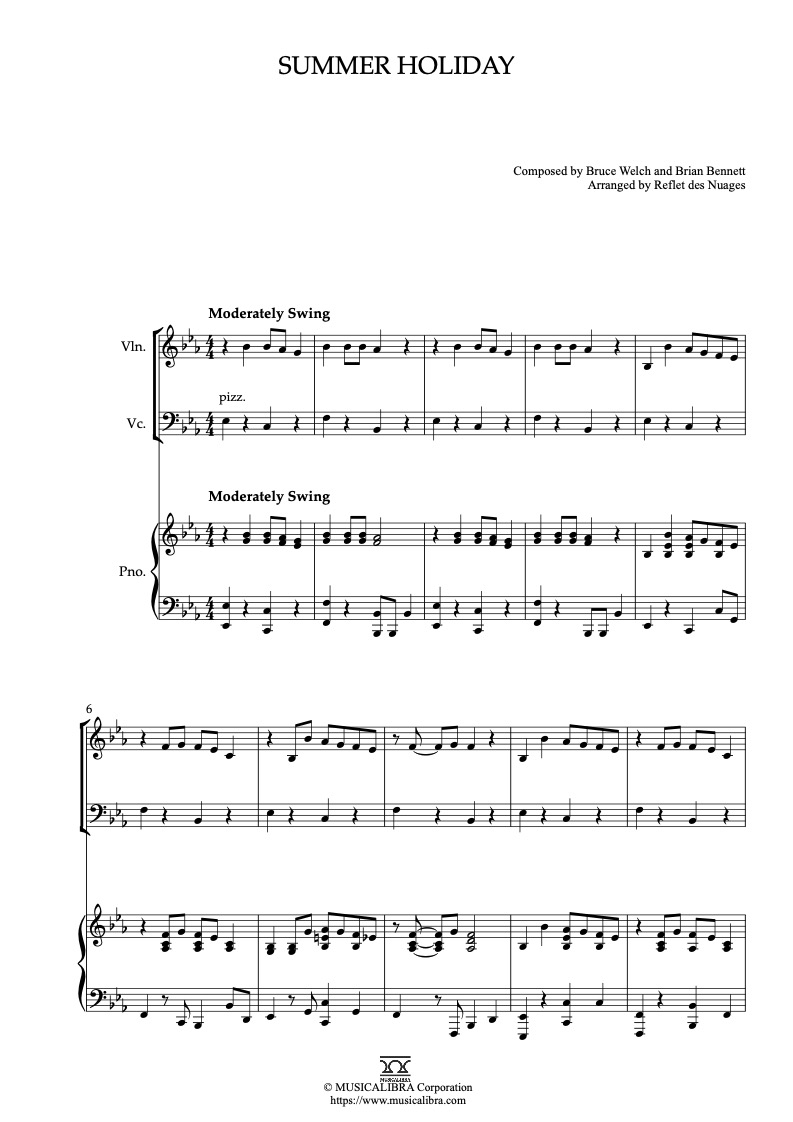 Sheet music of Cliff Richard Summer Holiday arranged for violin, cello and piano trio chamber ensemble preview page 1