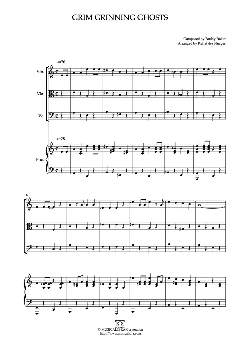 Partitura de Grim Grinning Ghosts arreglada para cuarteto de violín, viola, violonchelo y piano