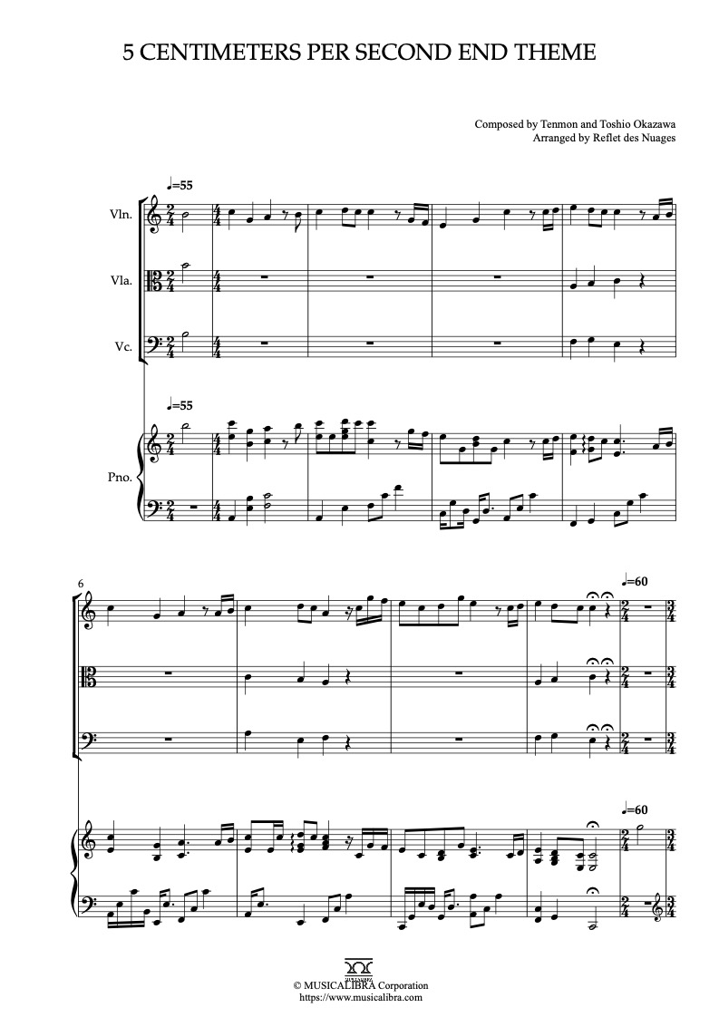 5 Centimeters Per Second End Theme 四重奏 樂譜 - 小提琴, 中提琴, 大提琴, 鋼琴