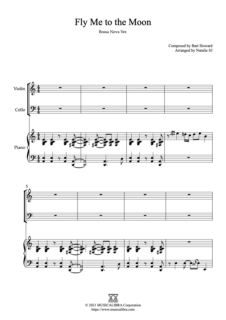 Sheet music of Fly Me to the Moon arranged for violin, cello and piano trio bossa nova chamber ensemble preview page 1