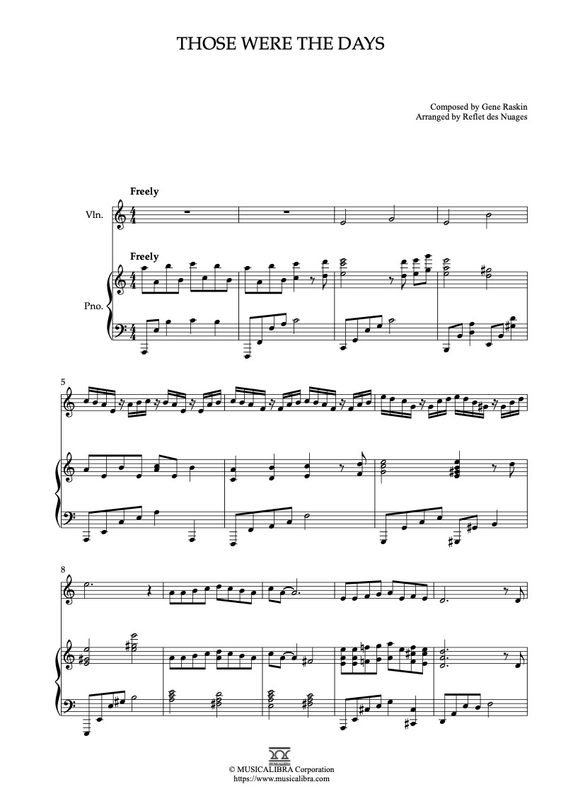 Sheet music of Mary Hopkin Those Were the Days arranged for violin and piano duet chamber ensemble preview page 1