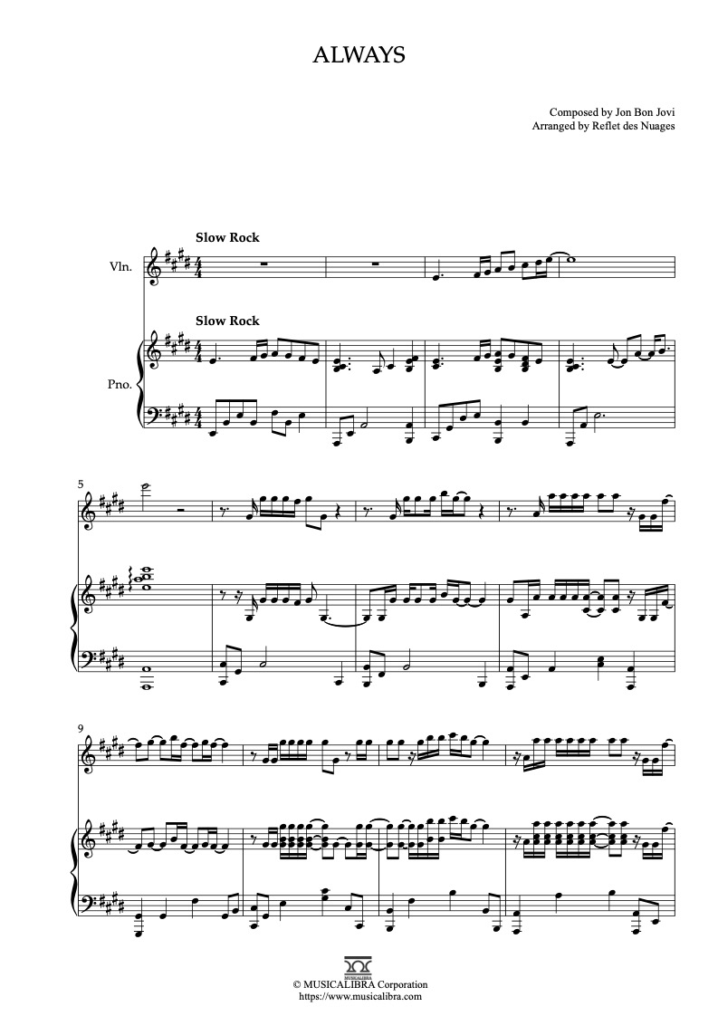 Sheet music of Bon Jovi Always arranged for violin and piano duet chamber ensemble preview page 1