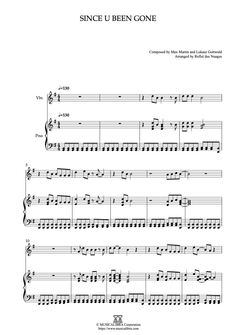 Sheet music of Kelly Clarkson Since U Been Gone arranged for violin and piano duet chamber ensemble preview page 1