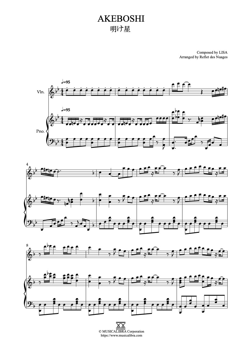 Sheet music of Demon Slayer Akeboshi arranged for violin and piano duet chamber ensemble preview page 1