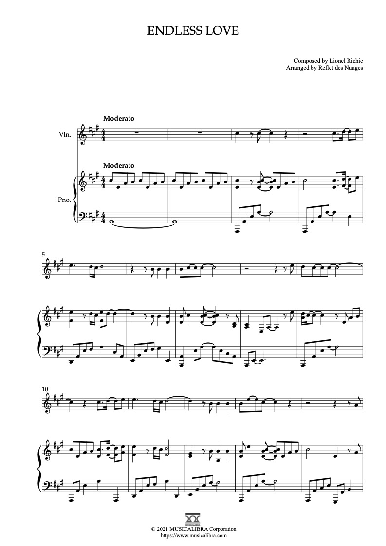 Partitura de Endless Love(Diana Ross, Lionel Richie) arreglada para dueto de violín y piano
