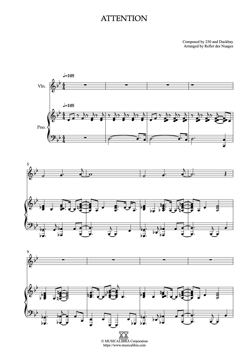 Sheet music of NewJeans Attention arranged for violin and piano duet chamber ensemble preview page 1