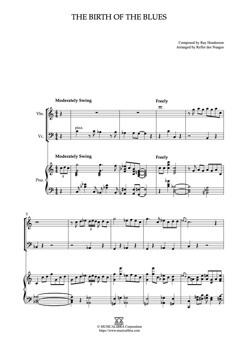 Sheet music of The Birth of the Blues arranged for violin, cello and piano trio chamber ensemble preview page 1