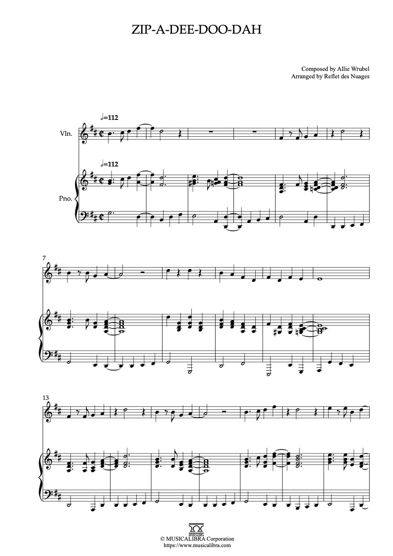 Sheet music of The Song of the South Zip-A-Dee-Doo-Dah arranged for violin and piano duet chamber ensemble preview page 1