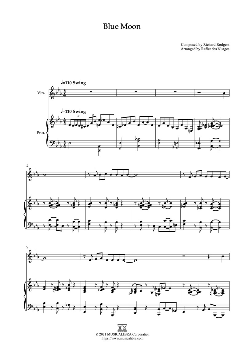 Blue Moon 二重奏 乐谱 - 小提琴, 钢琴