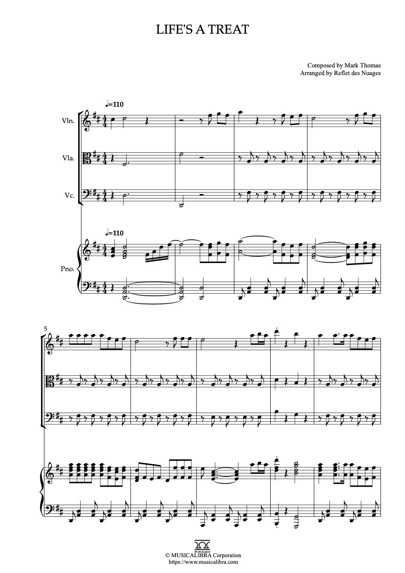 Partitura de Shaun the Sheep Life's a Treat arreglada para cuarteto de violín, viola, violonchelo y piano