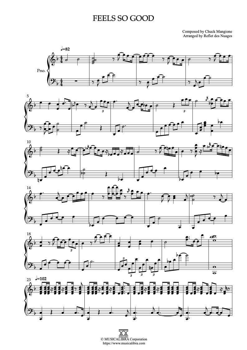Sheet music of Chuck Mangione Feels So Good arranged for piano solo preview page 1