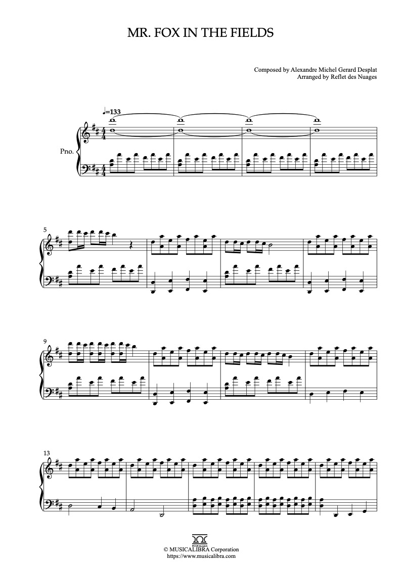Partitura de Fantastic Mr. Fox Mr. Fox in the Fields arreglada para piano solo