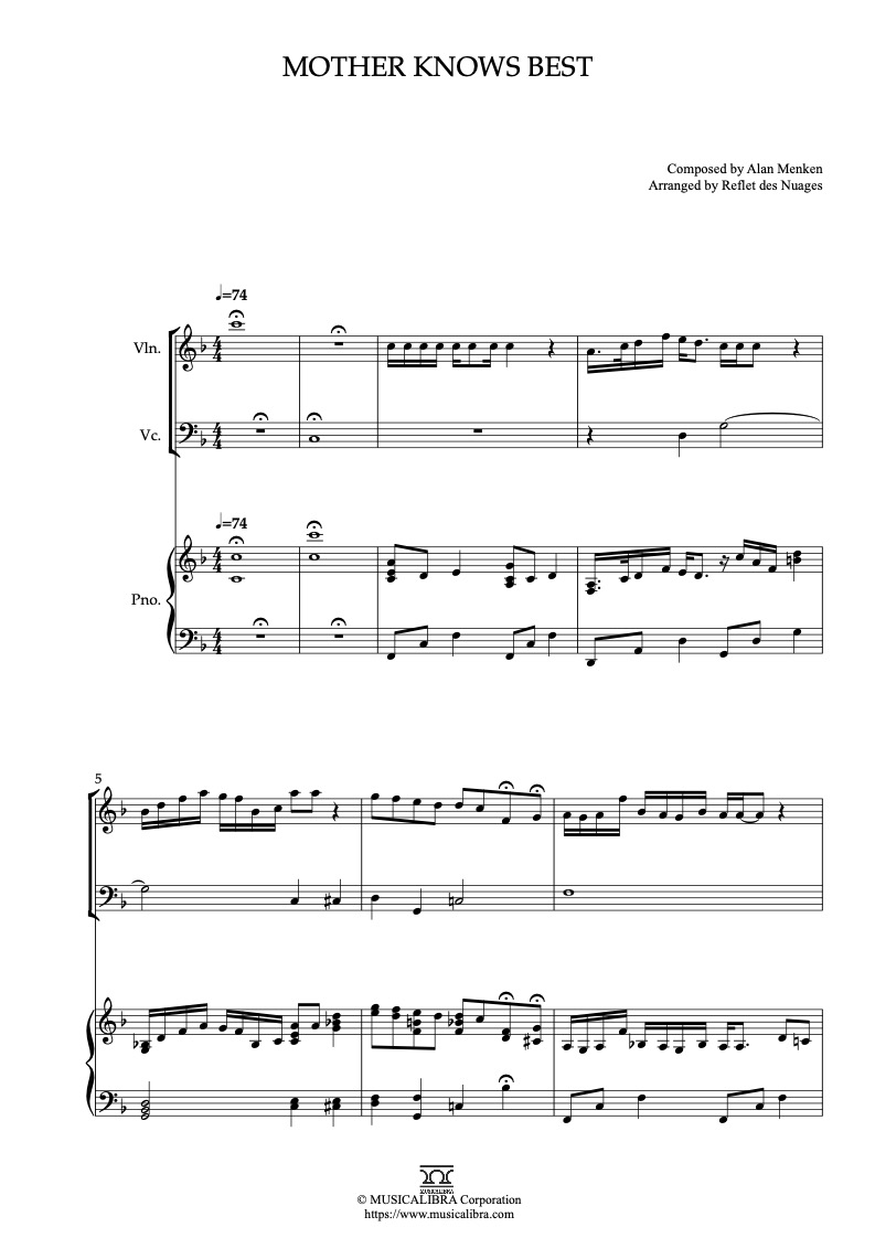 Partitura de Tangled Mother Knows Best arreglada para trío de violín, violonchelo y piano