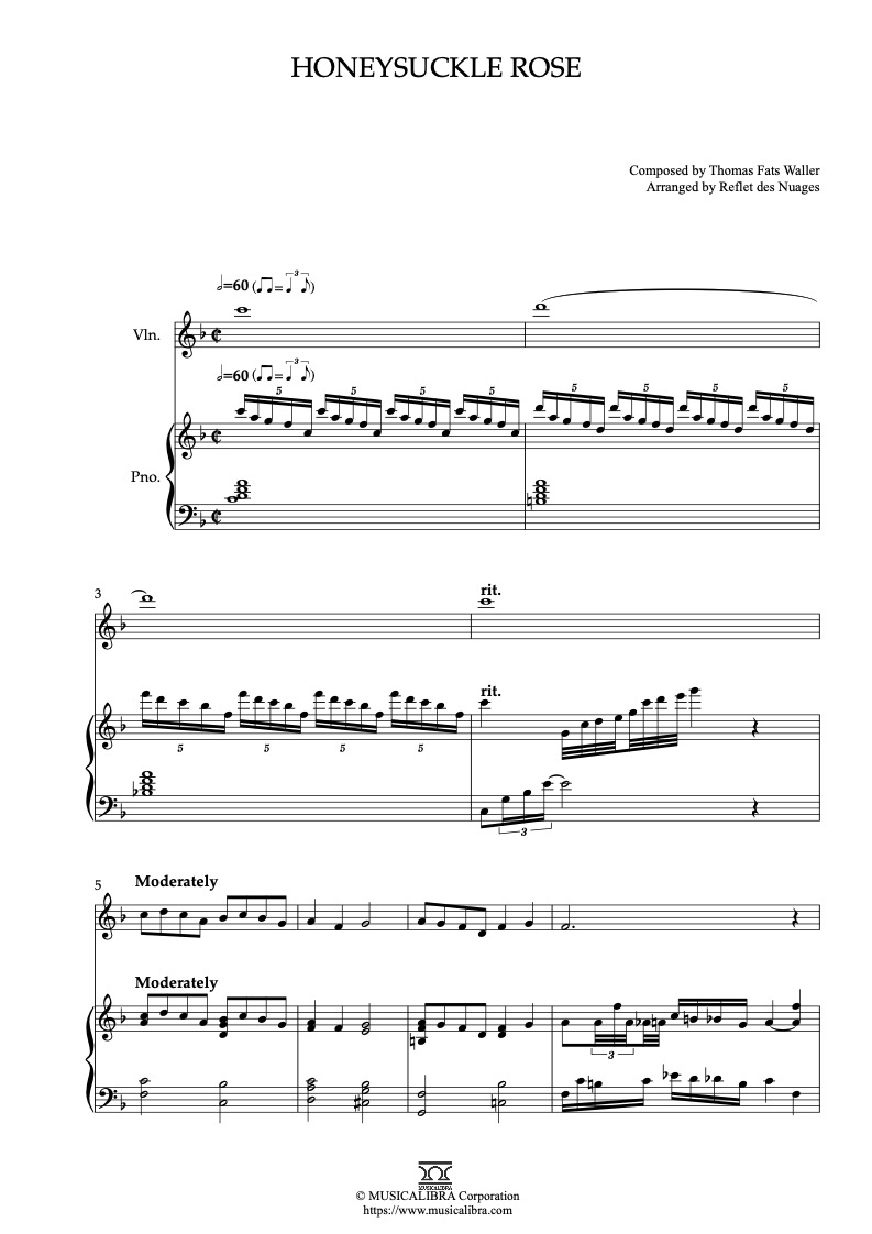 Sheet music of Fats Waller Honeysuckle Rose arranged for violin and piano duet chamber ensemble preview page 1