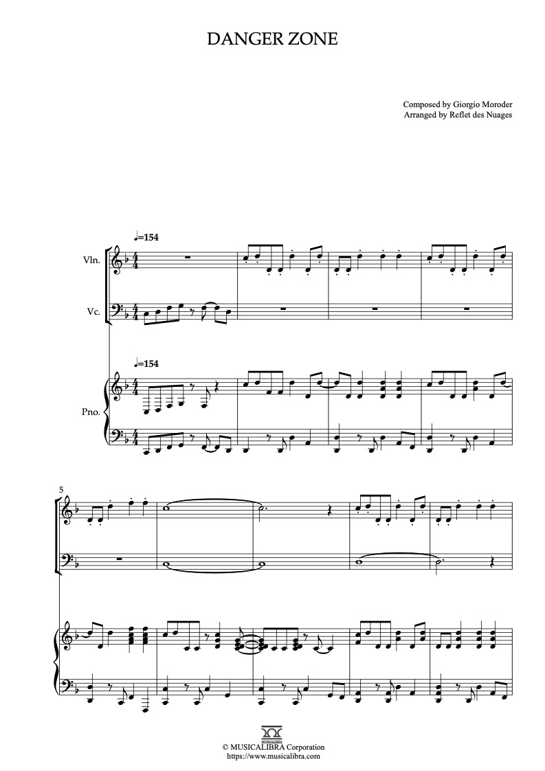 Sheet music of Top Gun Danger Zone arranged for violin, cello and piano trio chamber ensemble preview page 1