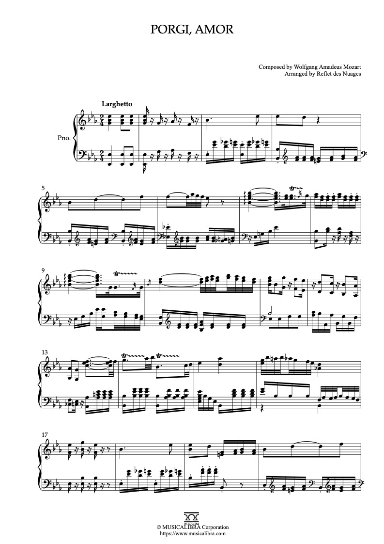 Sheet music of Porgi, amor arranged for piano solo preview page 1