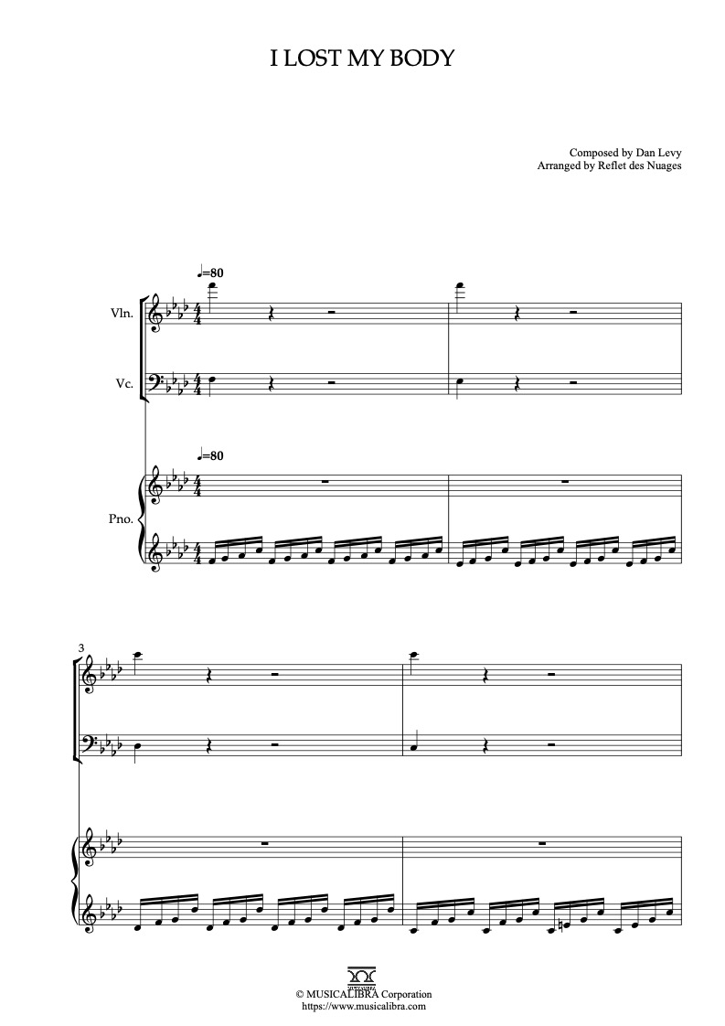 Sheet music of I Lost My Body arranged for violin, cello and piano trio chamber ensemble preview page 1