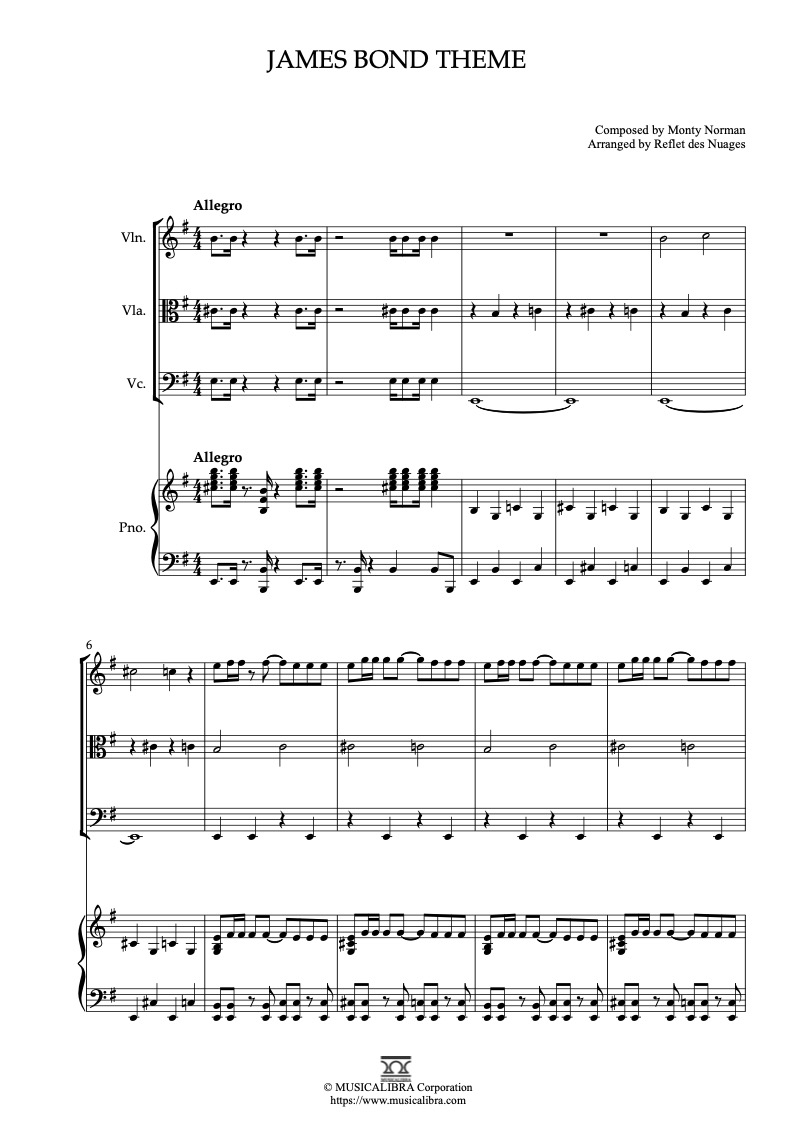 James Bond Theme 四重奏 乐谱 - 小提琴, 中提琴, 大提琴, 钢琴