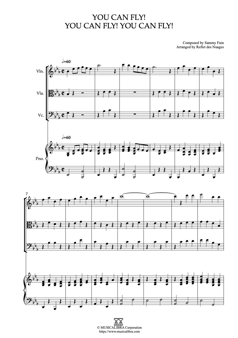Partitura de Peter Pan You Can Fly! You Can Fly! You Can Fly! arreglada para cuarteto de violín, viola, violonchelo y piano