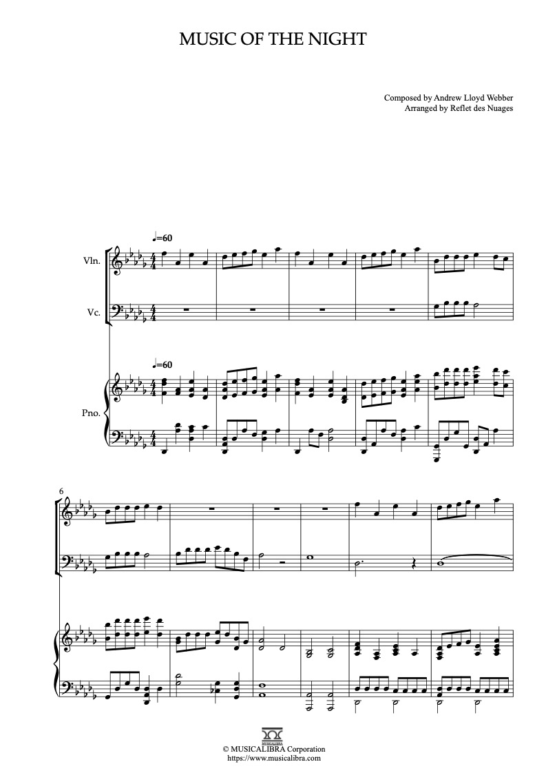오페라의 유령 Music of the Night 바이올린, 첼로, 피아노 트리오 실내악 앙상블 편곡 악보