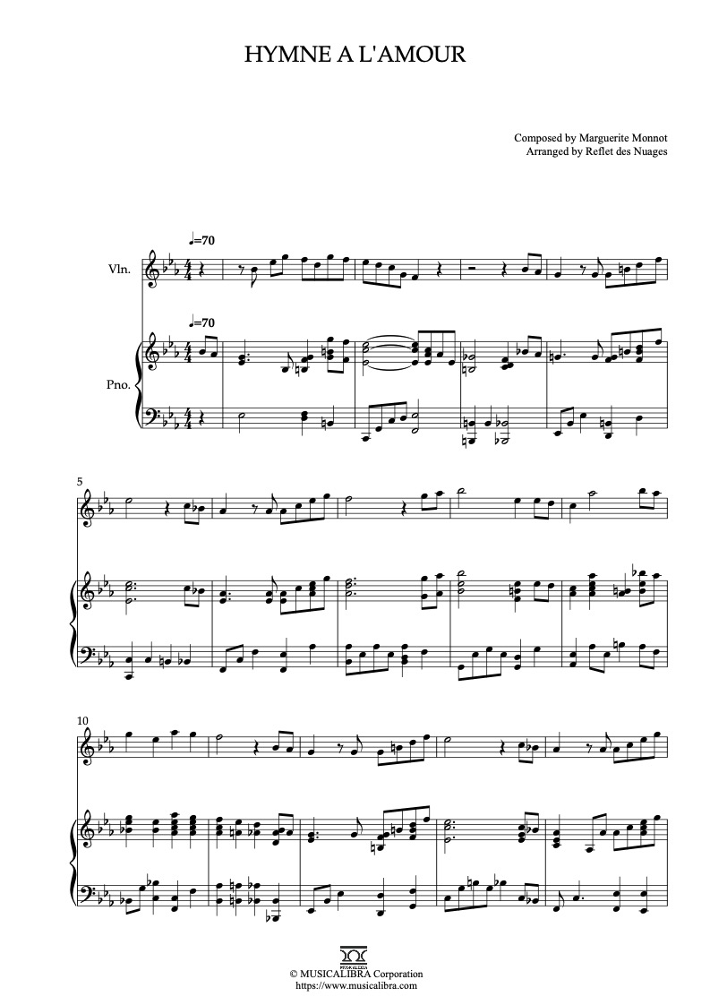 Partitura de Hymne a L'Amour arreglada para dueto de violín y piano