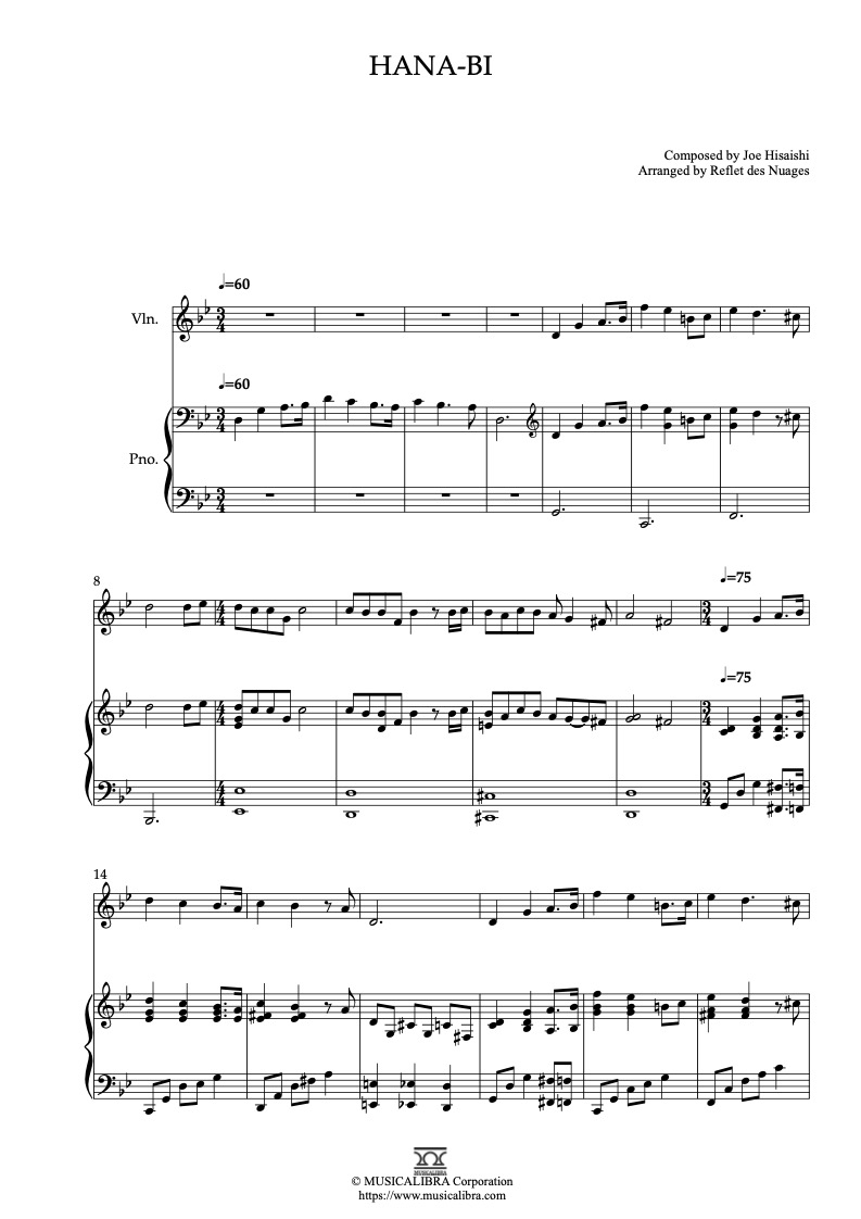 Joe Hisaishi Hana-bi 二重奏 乐谱 - 小提琴, 钢琴
