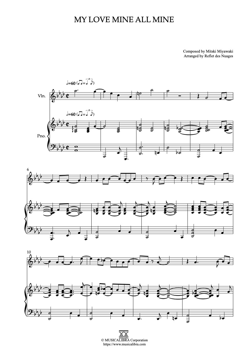 Sheet music of Mitski My Love Mine All Mine arranged for violin and piano duet chamber ensemble preview page 1