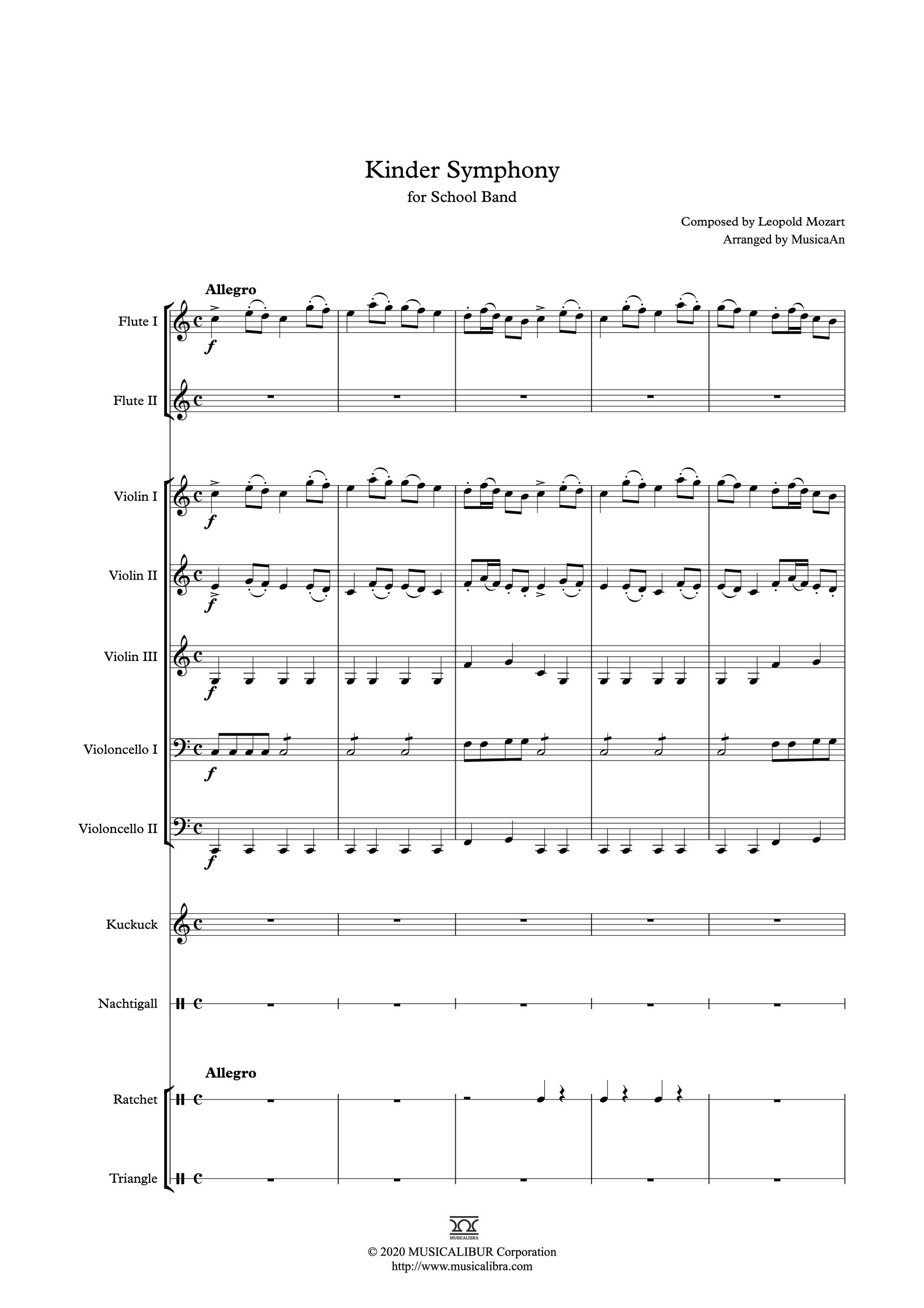 Sheet music of Leopold Mozart's Kinder Symphony arranged for school band preview page 1