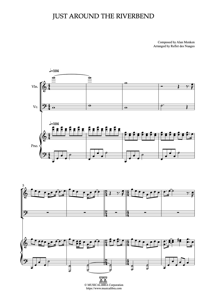 Partitura de Pocahontas Just Around the Riverbend arreglada para trío de violín, violonchelo y piano