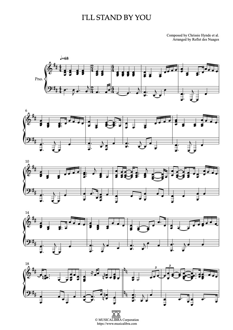 Sheet music of The Pretenders I'll Stand By You arranged for piano solo preview page 1